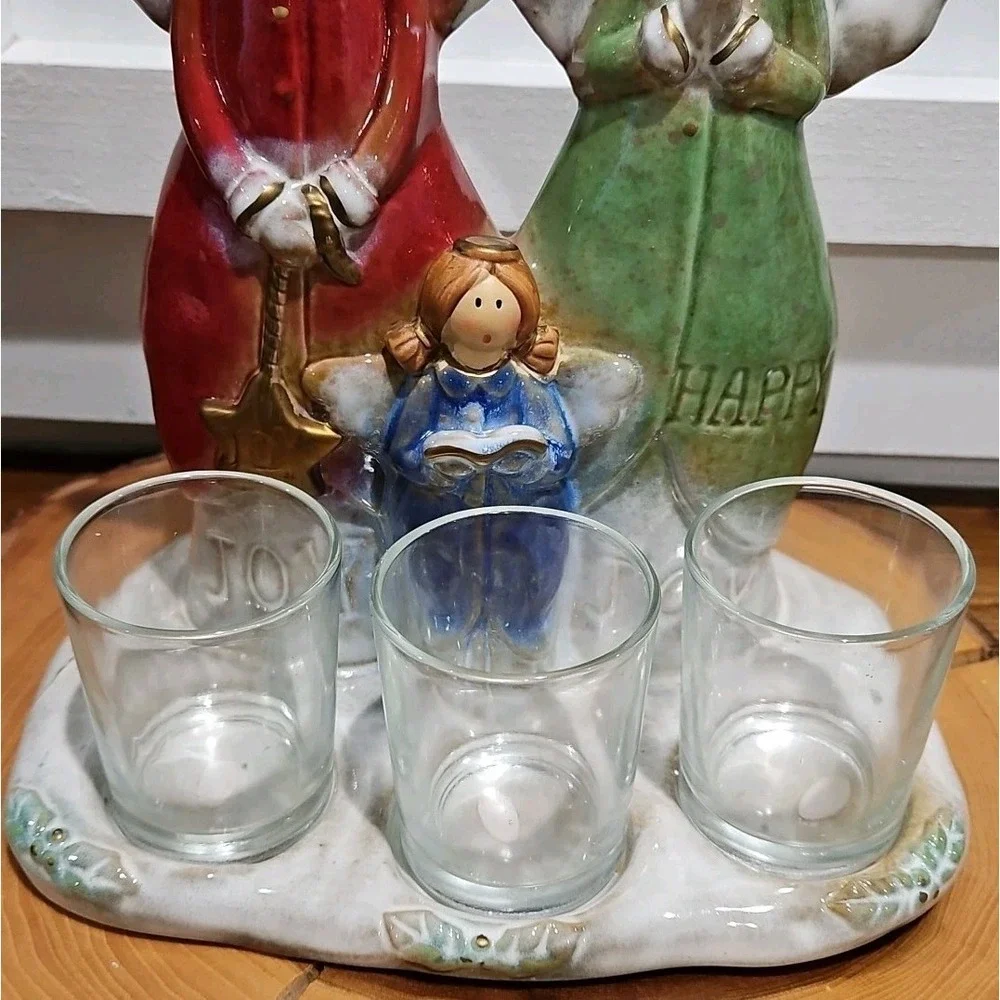Vintage Kirklands Ceramic Angel Triple Votive Candle Holder Figure Christmas Joy